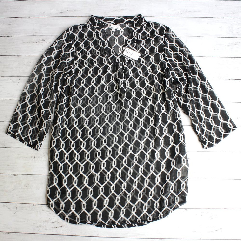 Just Bee Vintage Sheer Tunic Top Blouse Size M Black White Geo 3/4 Sleeve